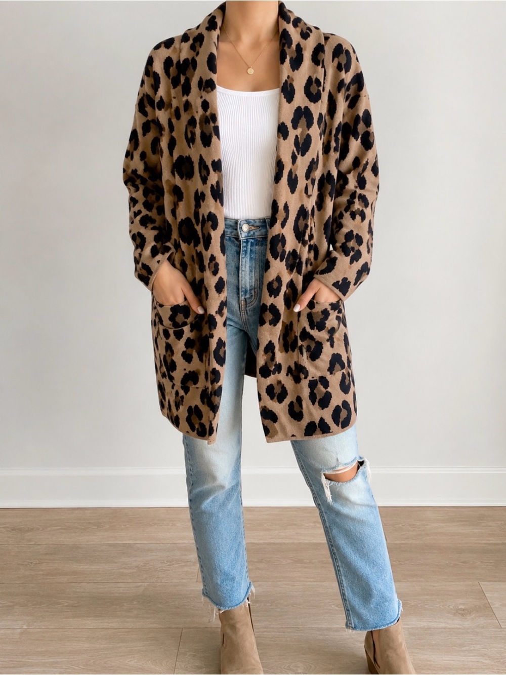 Leopard Print Open-Front Cardigan Sweater - Camel/Black Size 3X